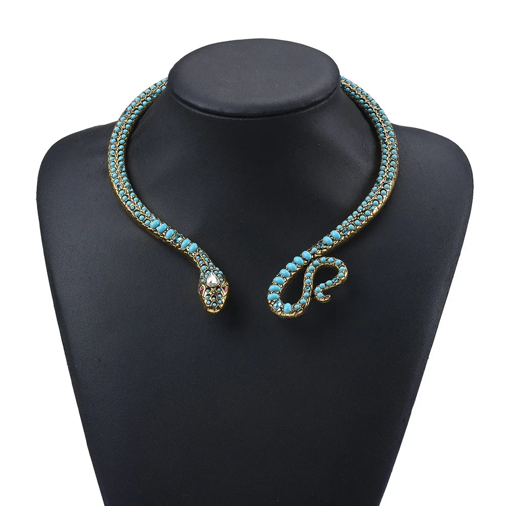 Blue Turquoise Snake Neck Choker Necklace  -Tribal Jewelry Vintage Egyptian look