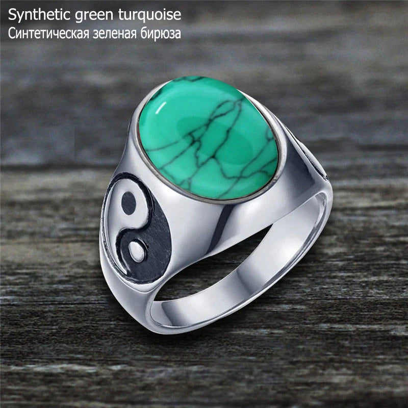 Oval Stainless Steel Yin And Yang Ring with Natural Stone