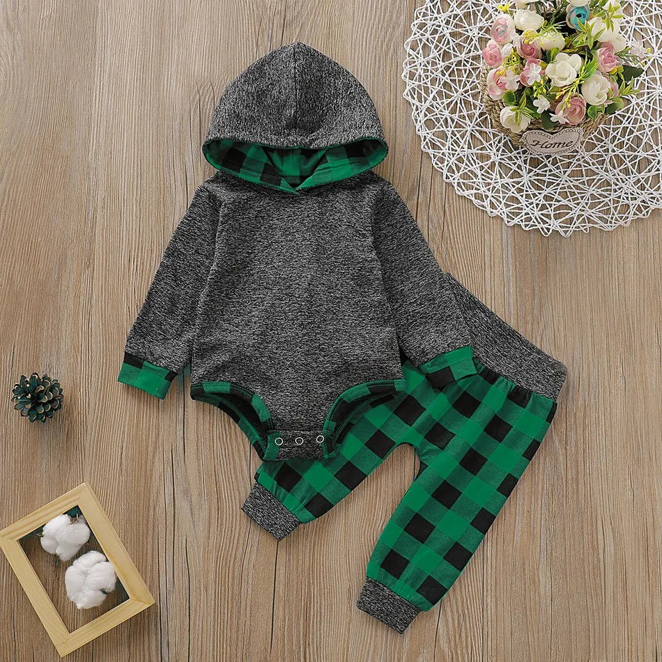 2pcs set- Solid Long-sleeve Hooded Bodysuit and Plaid Print Pants