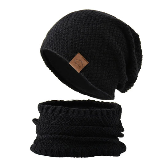 Unisex Fleece Lined Knitted Winter Hat Set- Thick Soft Stretch