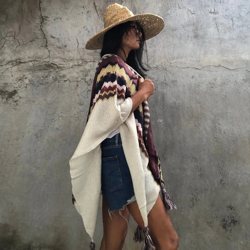 Navajo Style Poncho Knit Cardigan With Tassels & Bat Wing arm