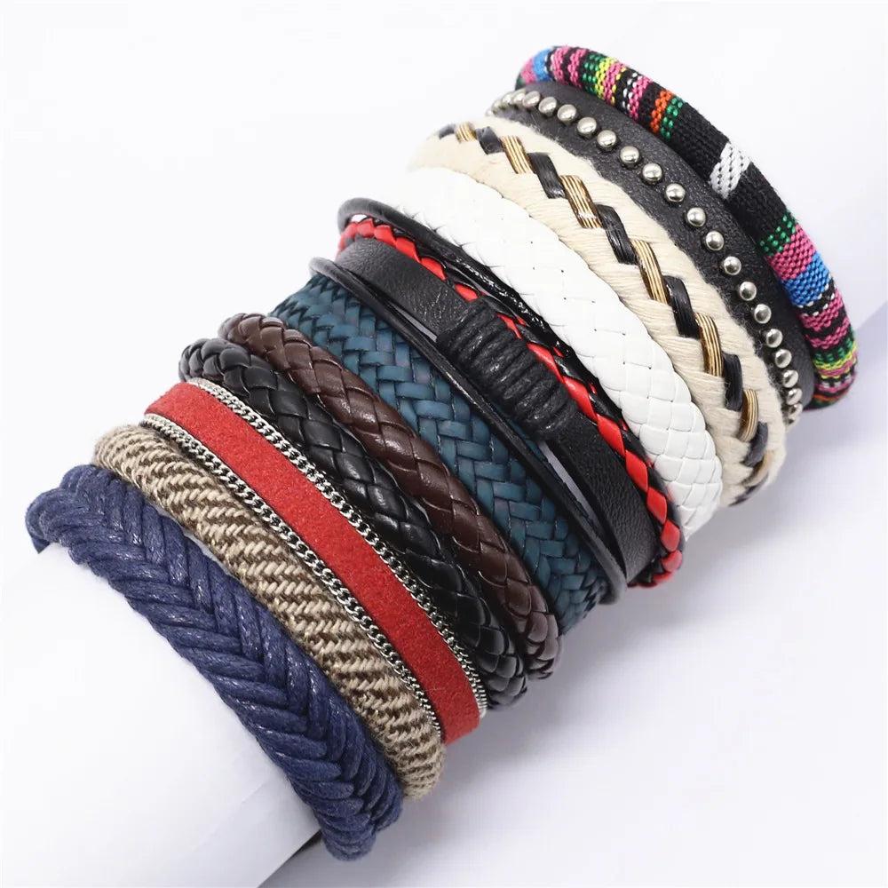 Men's 10 Pcs/set Handmade Weave Charm Wrap Leather Bracelets