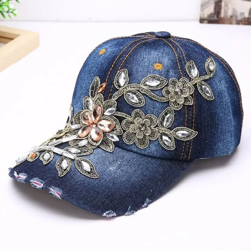 Women's Denim Baseball Cap with Diamond Painting & Embroidered Flower Design