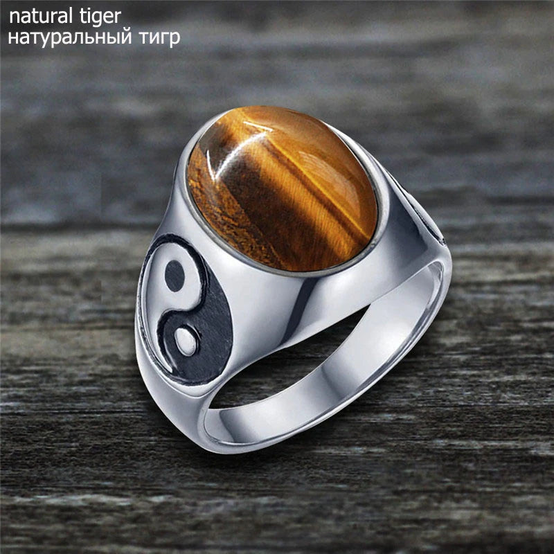 Oval Stainless Steel Yin And Yang Ring with Natural Stone