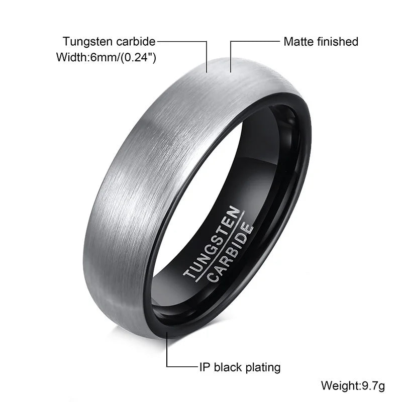 6mm Men Wedding Black Tungsten Carbide Ring, Matte Finished