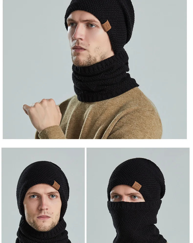 Unisex Fleece Lined Knitted Winter Hat Set- Thick Soft Stretch