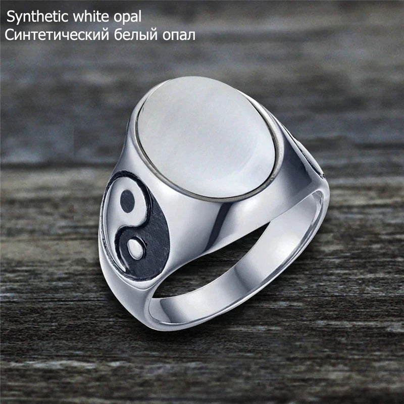 Oval Stainless Steel Yin And Yang Ring with Natural Stone