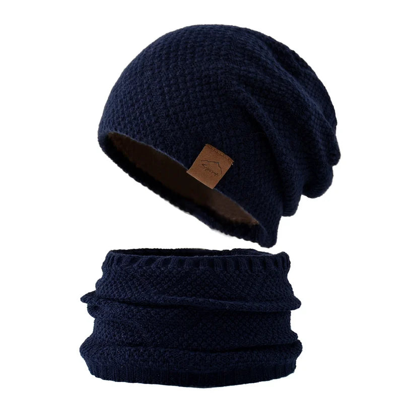 Unisex Fleece Lined Knitted Winter Hat Set- Thick Soft Stretch