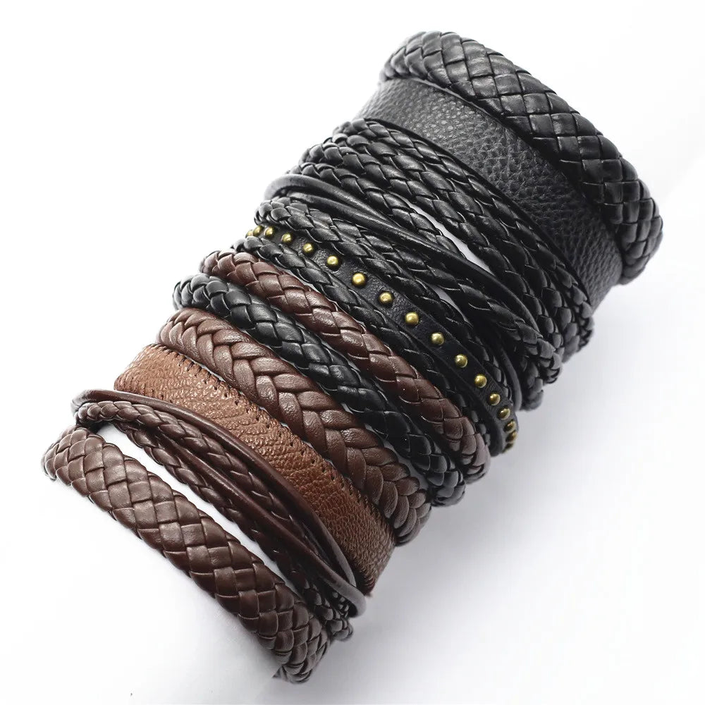 Men's 10 Pcs/set Handmade Weave Charm Wrap Leather Bracelets