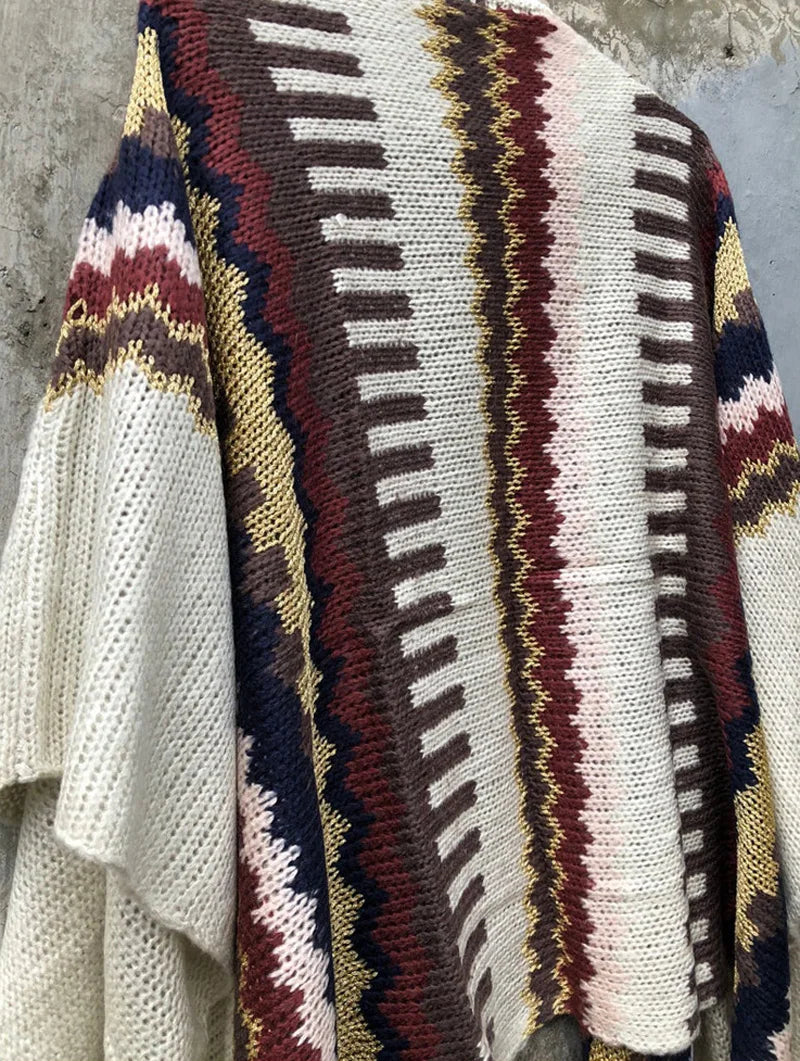 Navajo Style Poncho Knit Cardigan With Tassels & Bat Wing arm