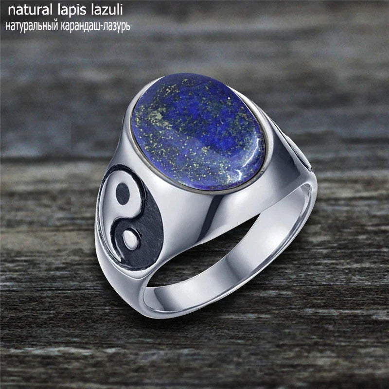 Oval Stainless Steel Yin And Yang Ring with Natural Stone