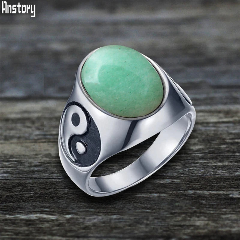 Oval Stainless Steel Yin And Yang Ring with Natural Stone