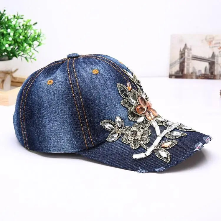 Women's Denim Baseball Cap with Diamond Painting & Embroidered Flower Design