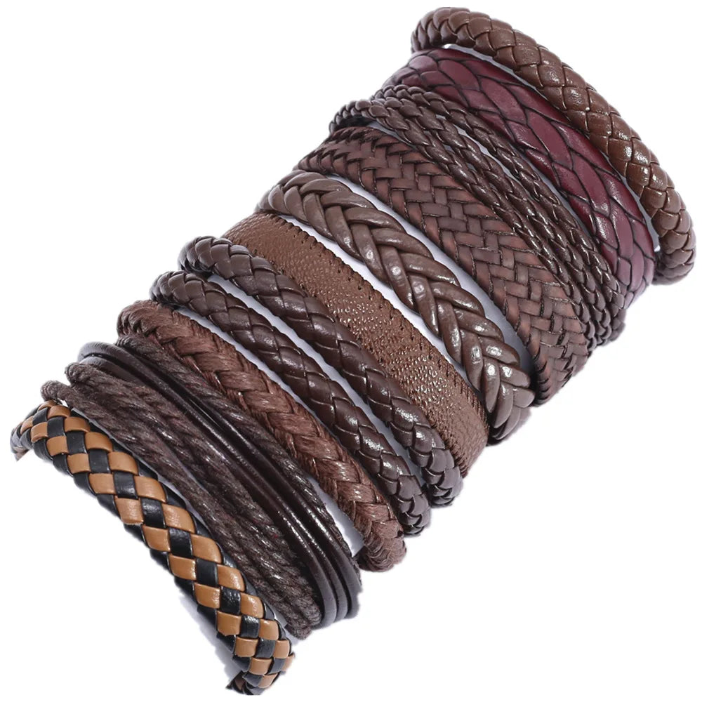 Men's 10 Pcs/set Handmade Weave Charm Wrap Leather Bracelets