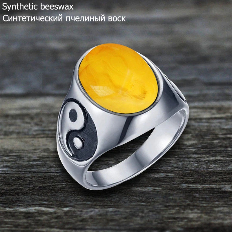 Oval Stainless Steel Yin And Yang Ring with Natural Stone