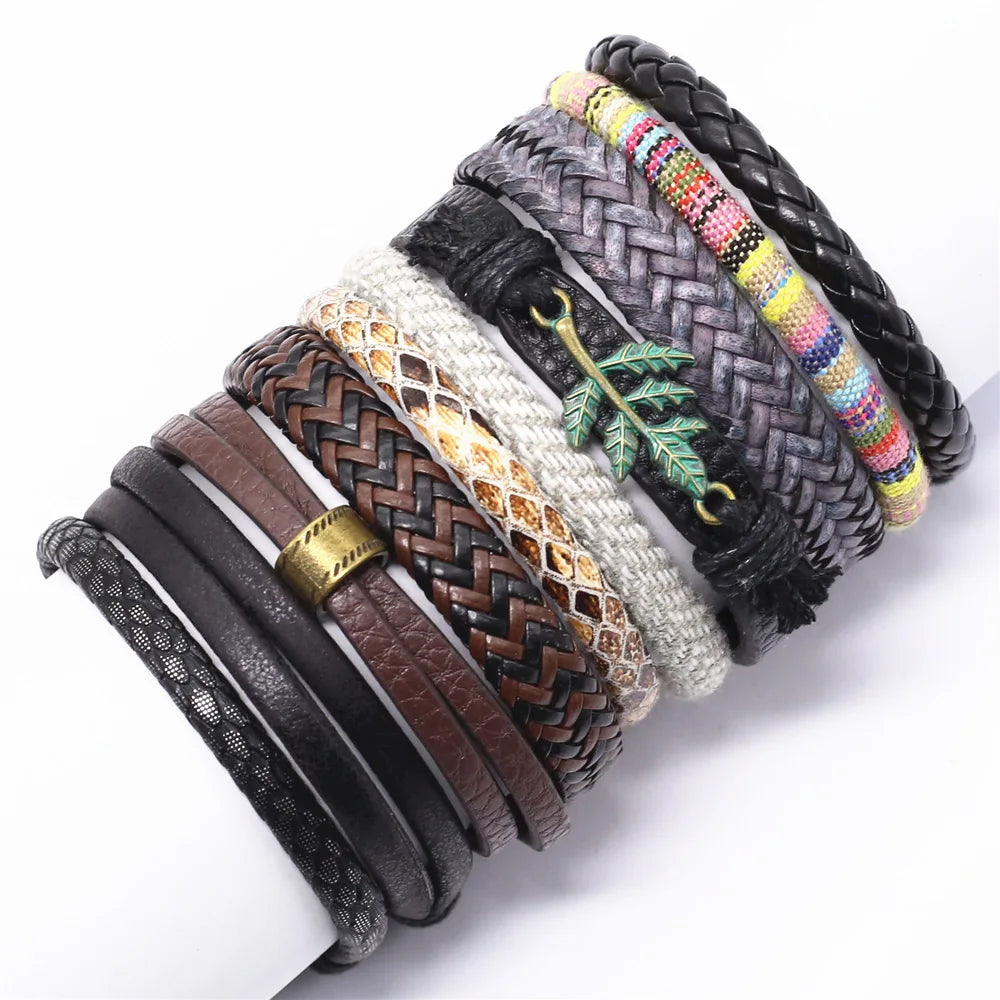 Men's 10 Pcs/set Handmade Weave Charm Wrap Leather Bracelets