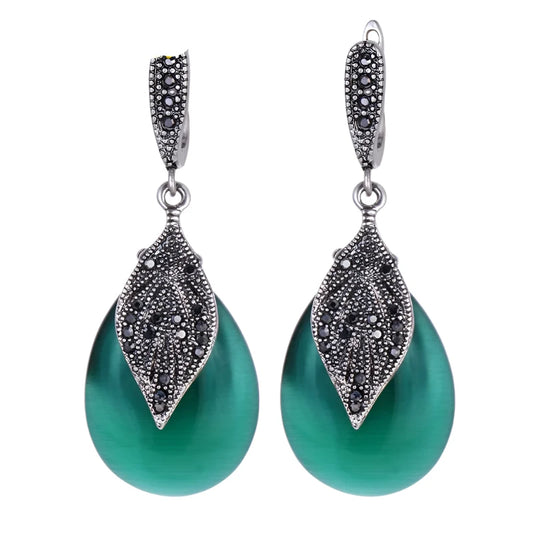 Leaf Drop Earrings with Green Stone & Black Rhinestone