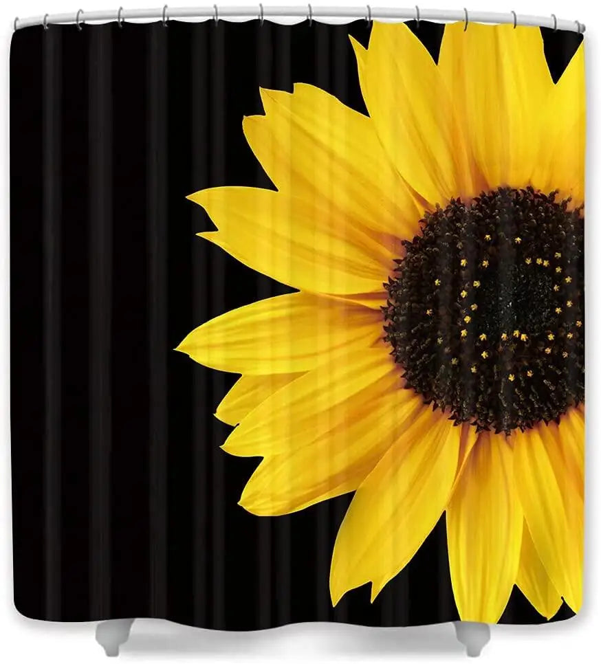 Shower Curtain with hooks - Black with sunflower design