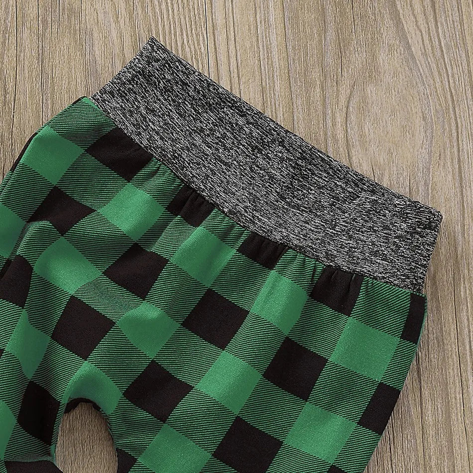 2pcs set- Solid Long-sleeve Hooded Bodysuit and Plaid Print Pants