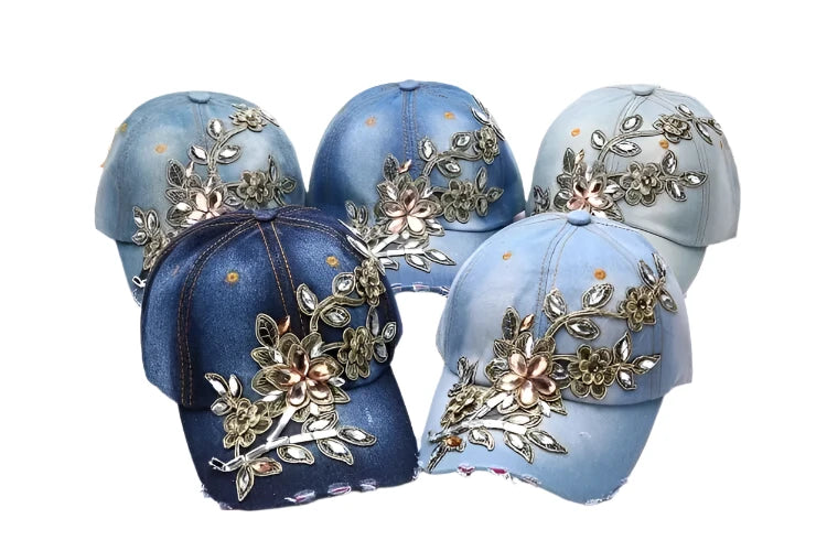 Women's Denim Baseball Cap with Diamond Painting & Embroidered Flower Design