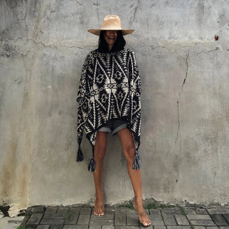 Woman's Boho Poncho -black & white