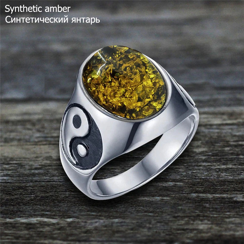 Oval Stainless Steel Yin And Yang Ring with Natural Stone