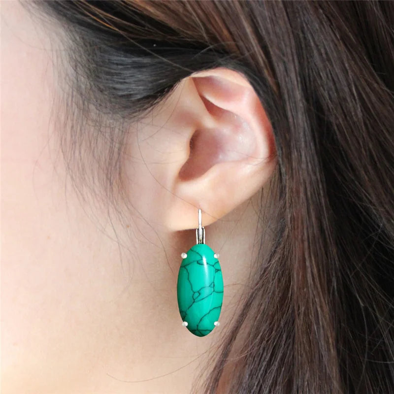 Big Vintage Silver Plated Eye Shape Synthetic Turquoises Earrings