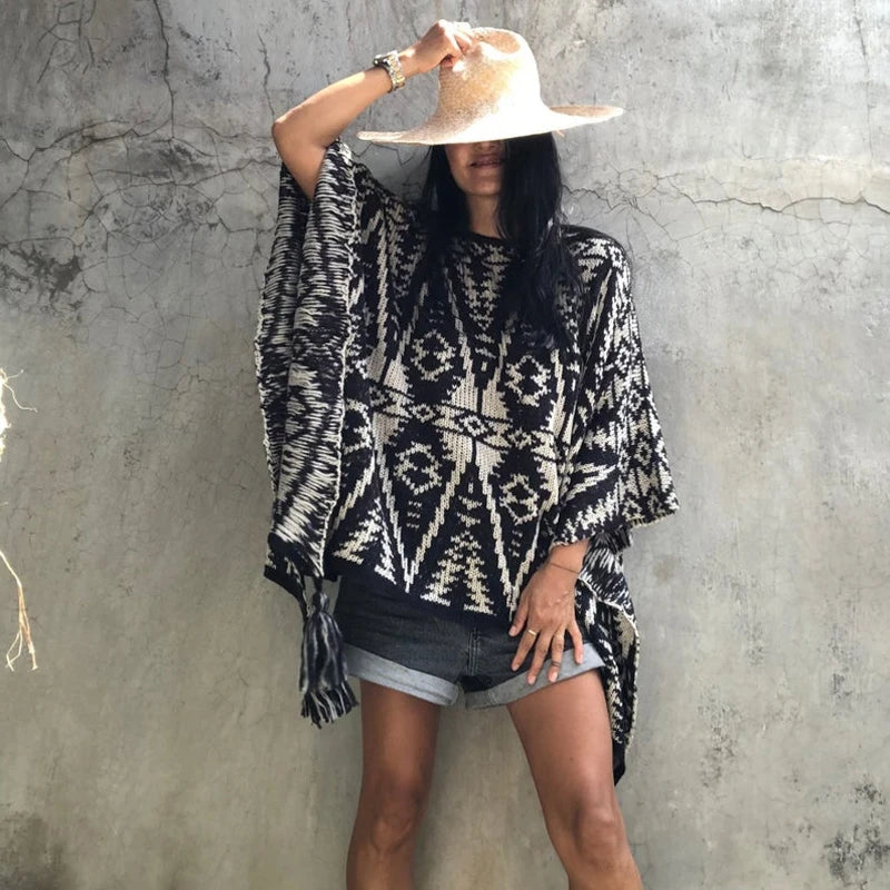 Woman's Boho Poncho -black & white