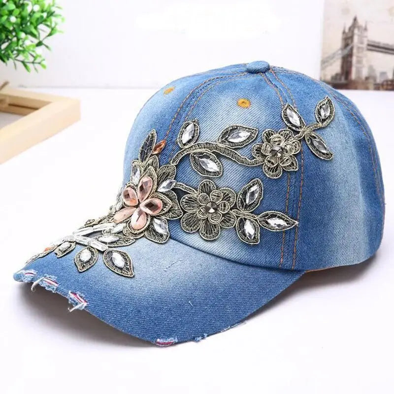 Women's Denim Baseball Cap with Diamond Painting & Embroidered Flower Design