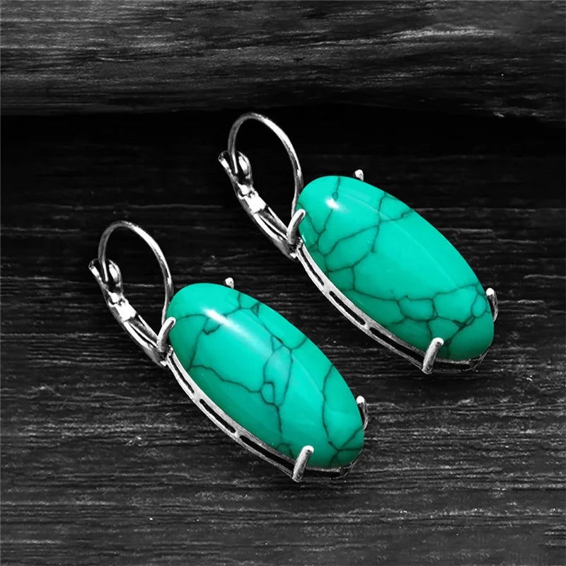 Big Vintage Silver Plated Eye Shape Synthetic Turquoises Earrings