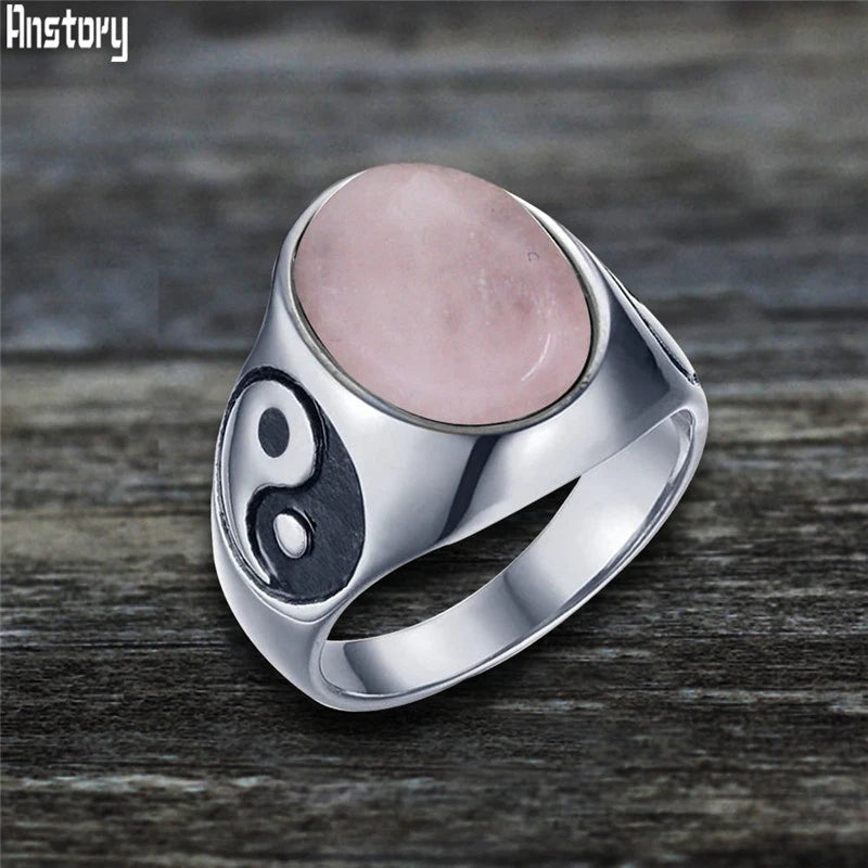 Oval Stainless Steel Yin And Yang Ring with Natural Stone