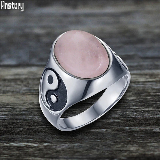 Oval Stainless Steel Yin And Yang Ring with Natural Stone