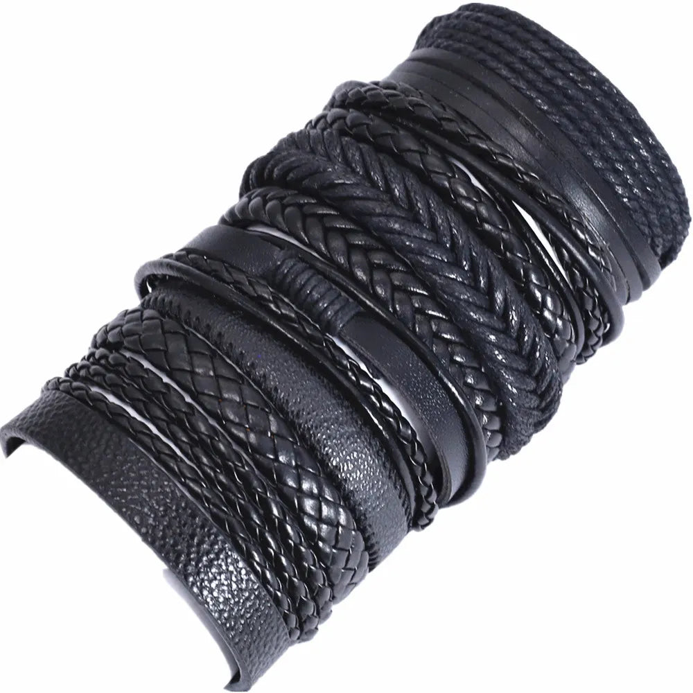 Men's 10 Pcs/set Handmade Weave Charm Wrap Leather Bracelets