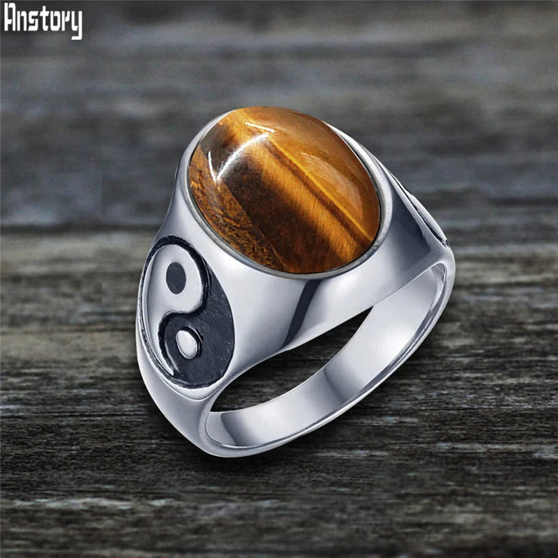 Oval Stainless Steel Yin And Yang Ring with Natural Stone