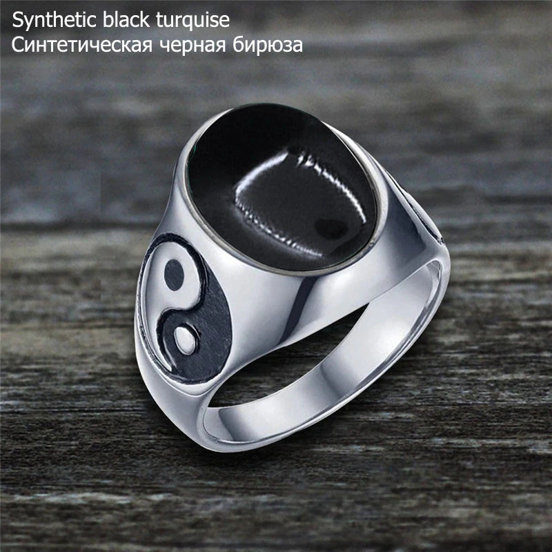 Oval Stainless Steel Yin And Yang Ring with Natural Stone