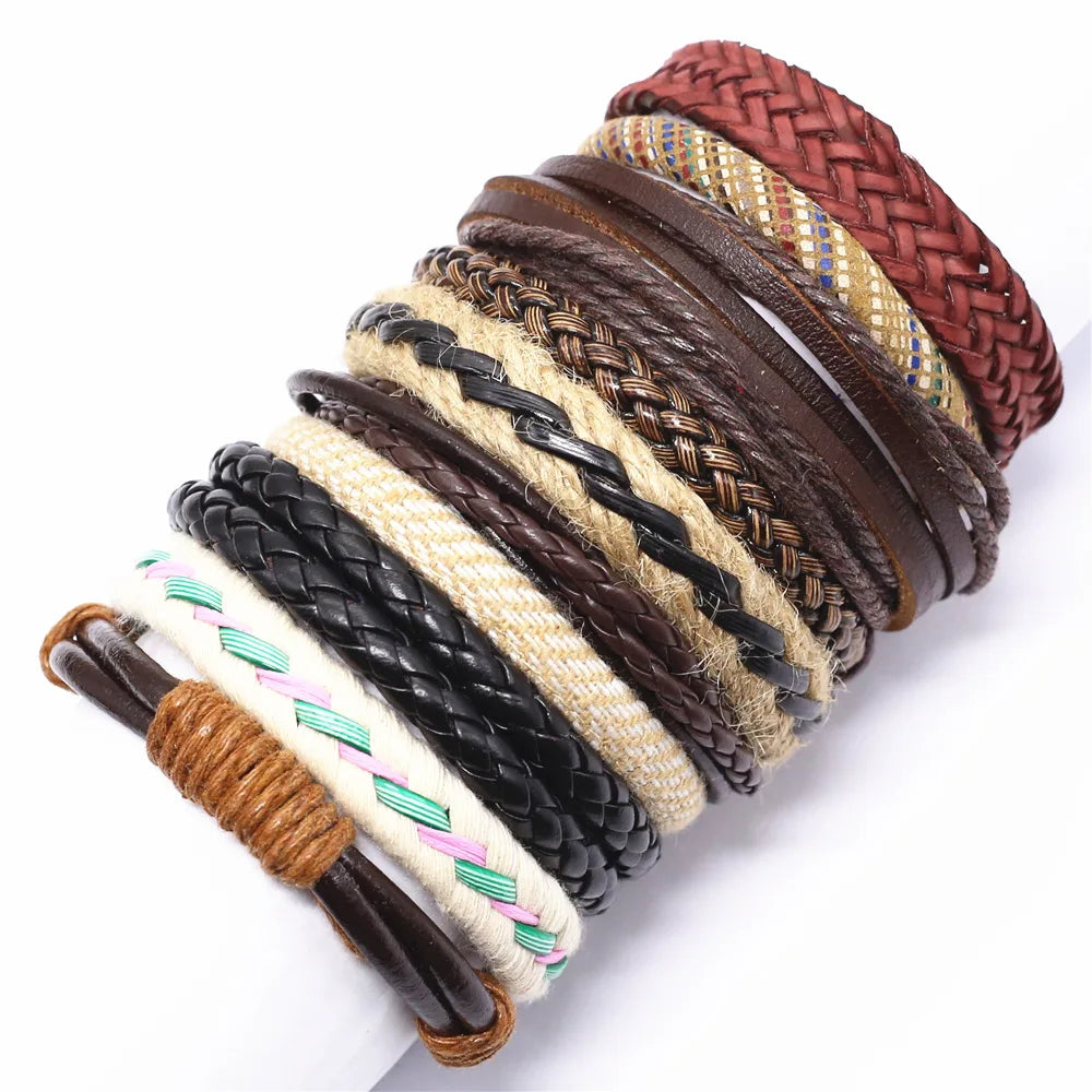 Men's 10 Pcs/set Handmade Weave Charm Wrap Leather Bracelets