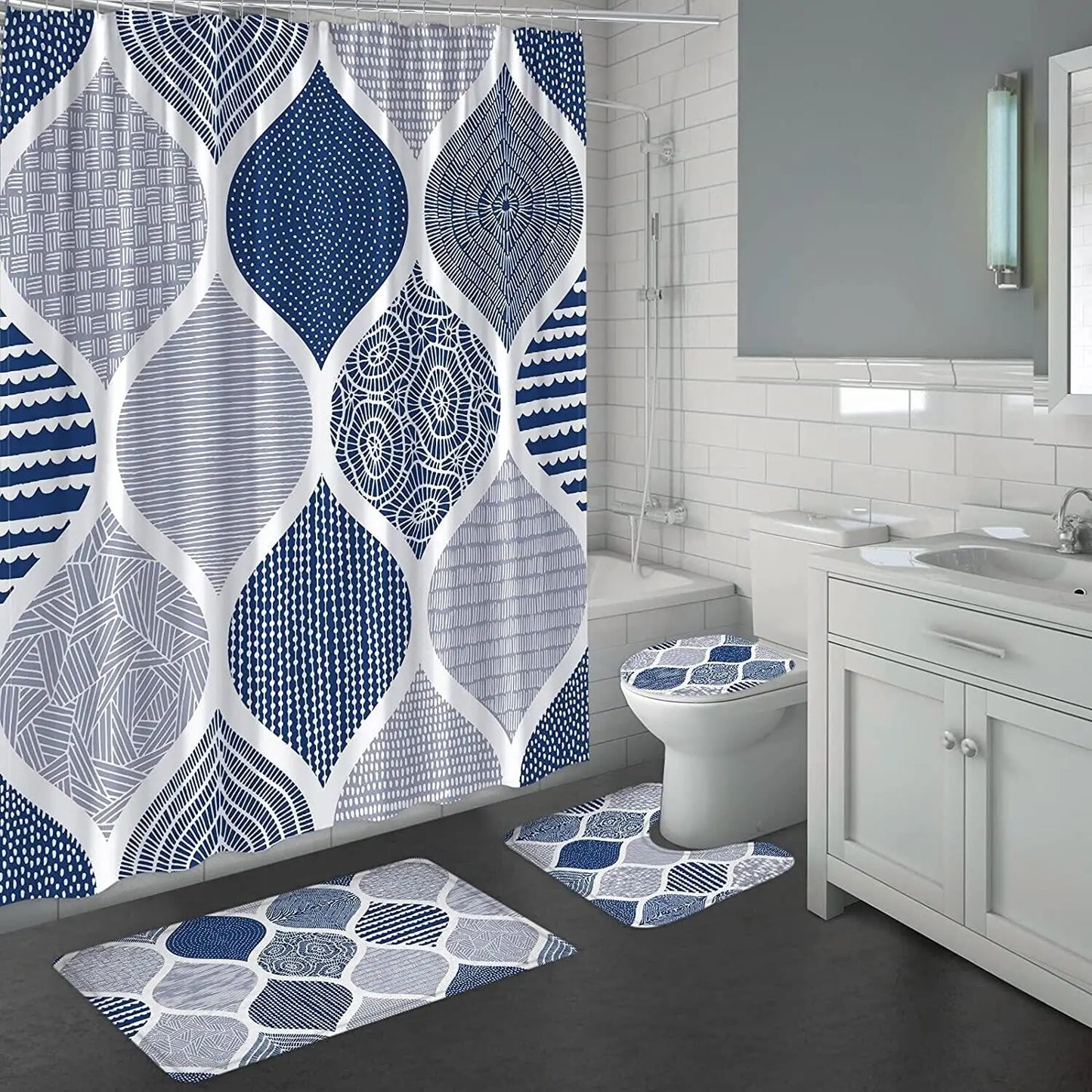 4pc Blue Shower Curtain Sets with Rugs, Navy Blue Boho design- Curtain + Bath Mats + Toilet Lid Cover