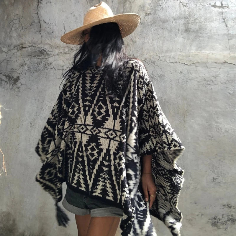 Woman's Boho Poncho -black & white