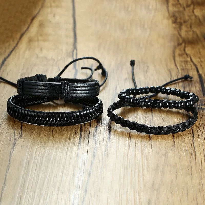 4pcs Set -Black  Bohemia Bangle Bracelets - Length Adjustable