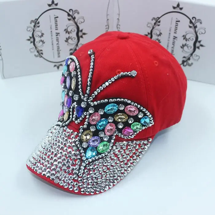 Woman's Denim Rhinestone Base Ball Cap with Full Crystal Bill