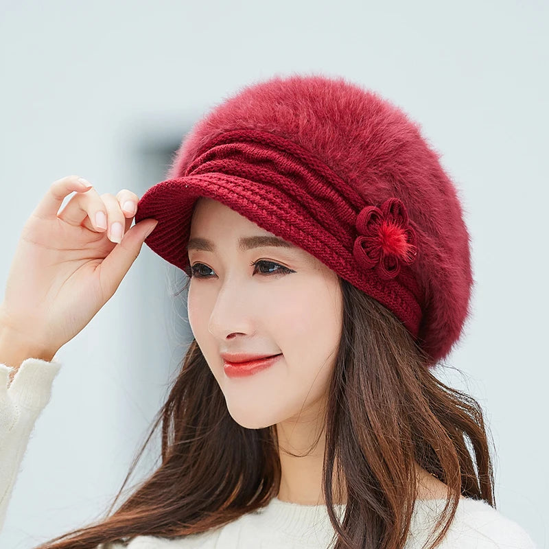 Woman's Knitted Berets Hats - Rabbit Fur