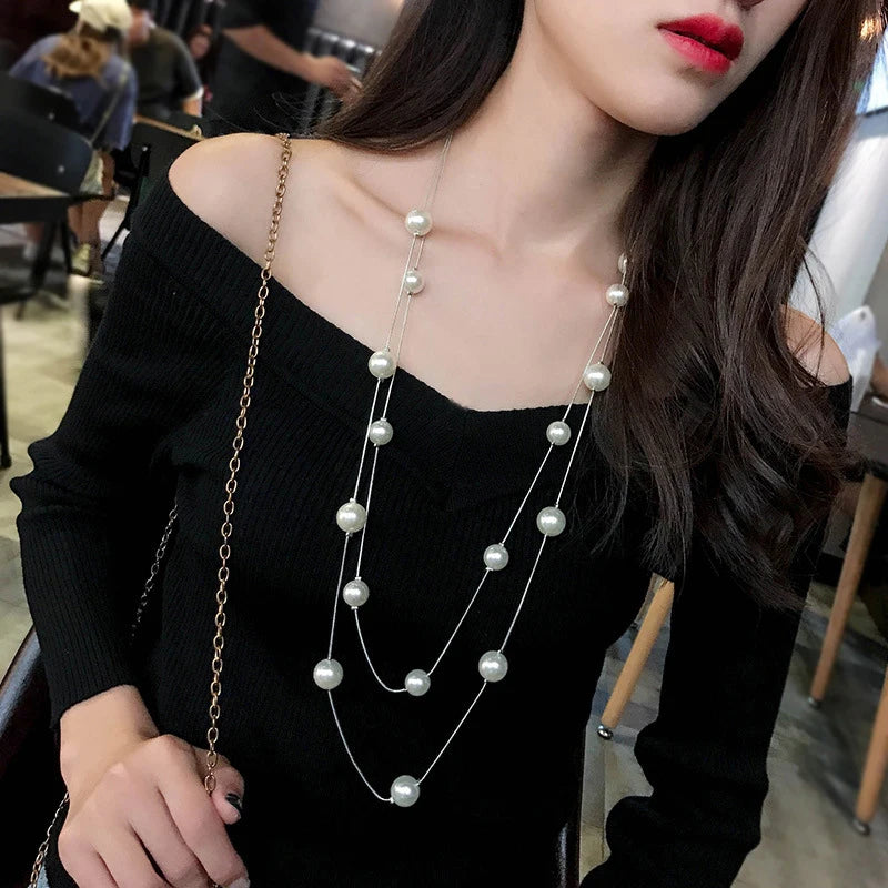 Long Double Layer Simulated Pearl Necklace