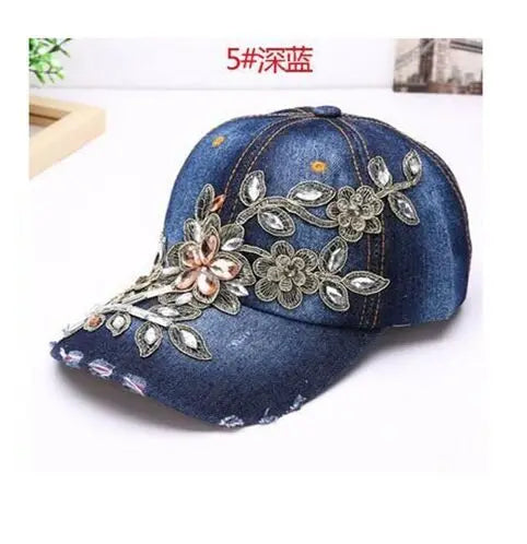 Women's Denim Baseball Cap with Diamond Painting & Embroidered Flower Design