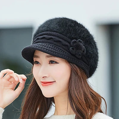 Woman's Knitted Berets Hats - Rabbit Fur