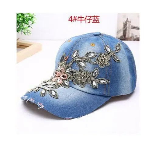 Women's Denim Baseball Cap with Diamond Painting & Embroidered Flower Design