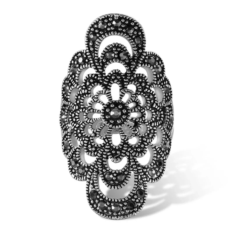 Black Rhinestone Hollow Flower Ring