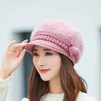 Woman's Knitted Berets Hats - Rabbit Fur