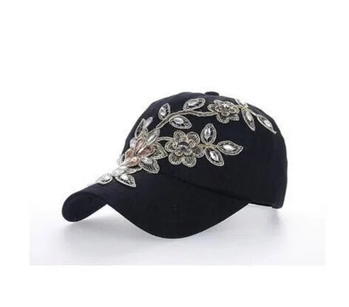 Women's Denim Baseball Cap with Diamond Painting & Embroidered Flower Design