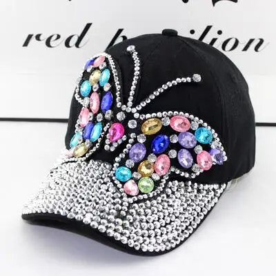 Woman's Denim Rhinestone Base Ball Cap with Full Crystal Bill