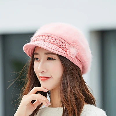 Woman's Knitted Berets Hats - Rabbit Fur